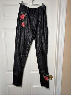 Divided Black Faux Leather Skinny Pants with Red Rose Embroidery